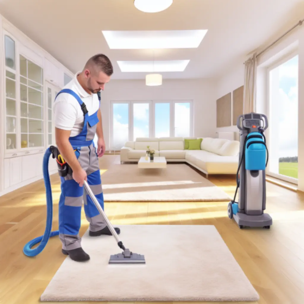 Technikus szőnyegtisztító géppel dolgozik egy nappaliban