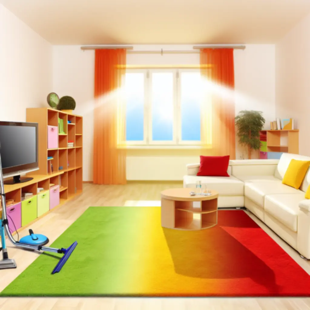 Világos, rendezett nappali frissen tisztított szőnyeggel