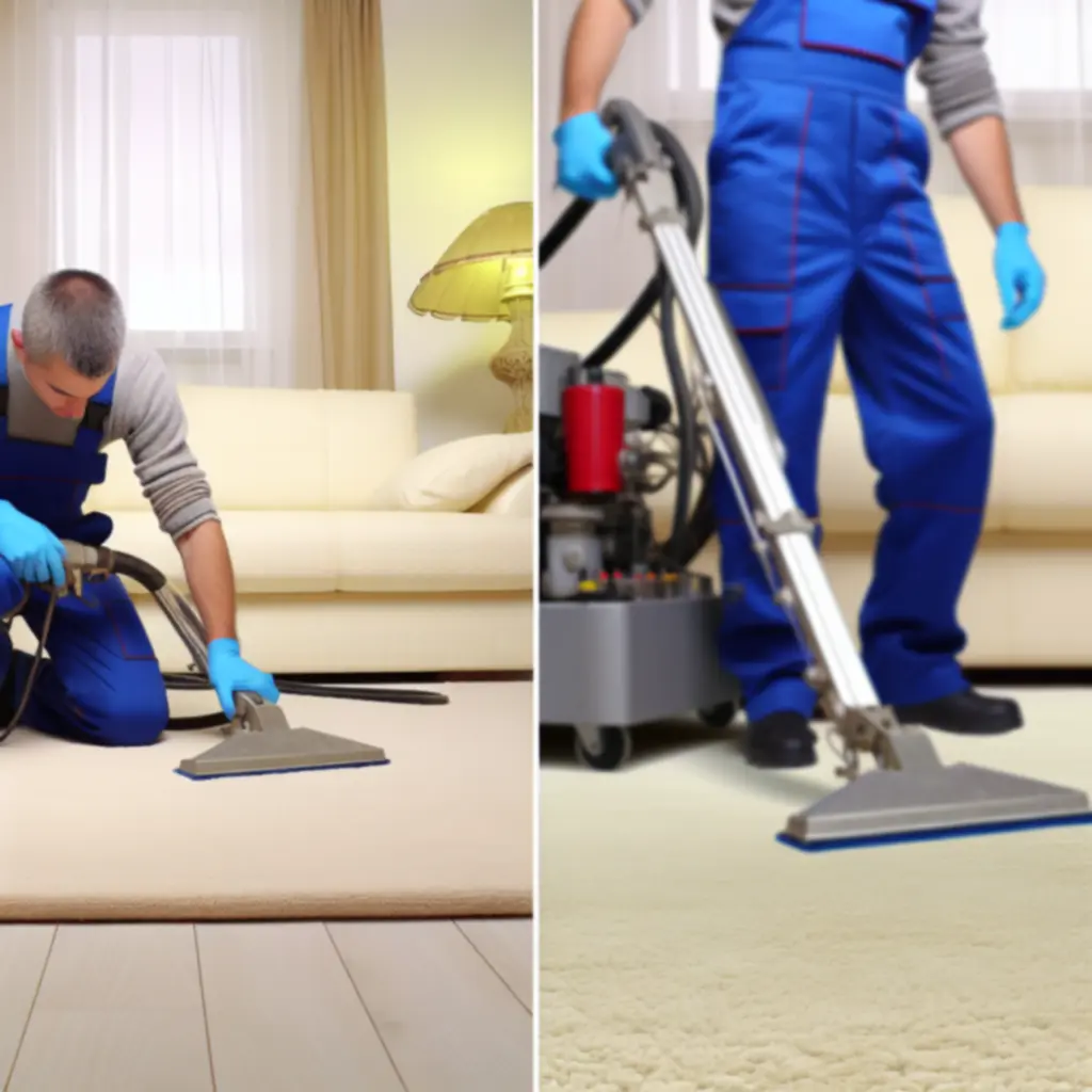 Technikus professzionális géppel tisztít egy szőnyeget